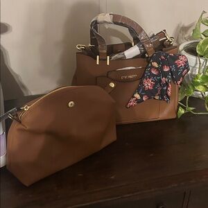 Steve Madden Tan/Brown Tote with Matching Pouch and Floral Scarf